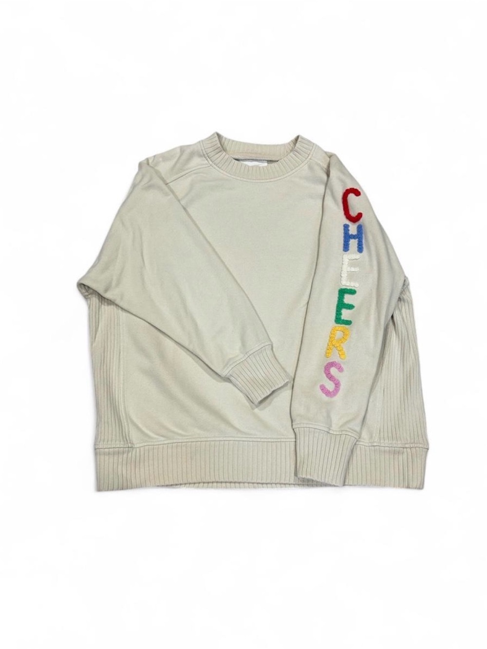 aerie Cream Crewneck Sweatshirt with Multicolor CHERS Sleeve Embroidery